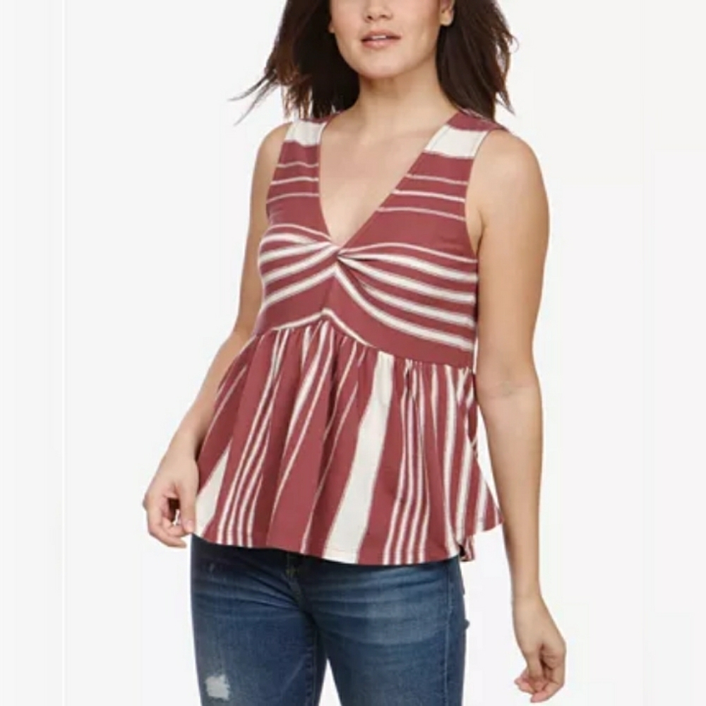 Lucky Brand Mauve and White Striped Twist-Front Tank